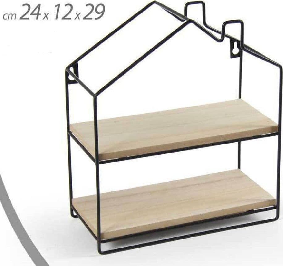 MENSOLA BACHECA PARETE CASETTA METALLO 24X12X29CM NERO 2 RIPIANI IN LEGNO 818707 - 2