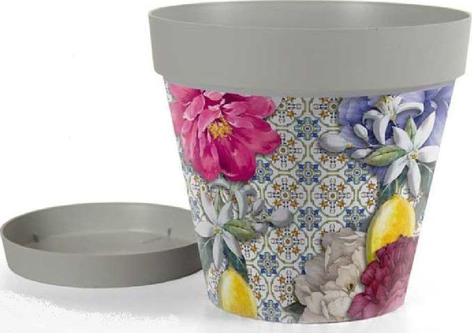 VASO GIARDINO CON SOTTOVASO IN PLASTICA DECORO ISOLA 26X23CM PIANTE FIORI 845376 - 2