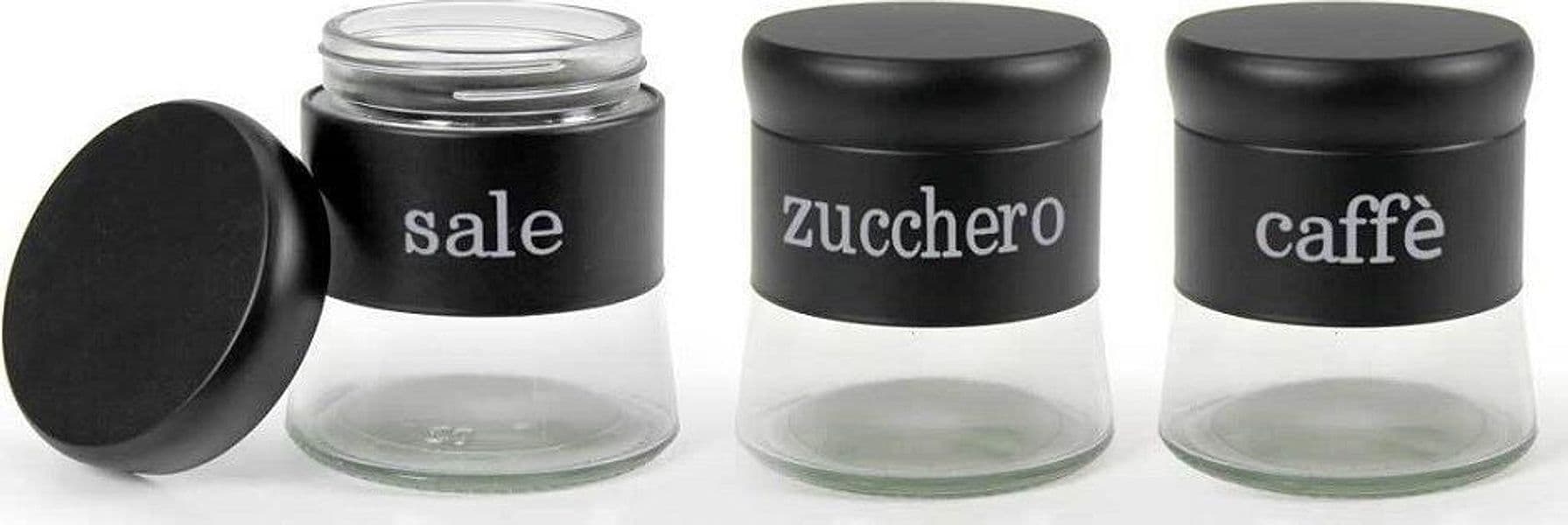 SET TRIS BARATTOLI SALE ZUCCHERO CAFFÈ METALLO IN VETRO 400ML NERO 9X10CM 816598 - 2