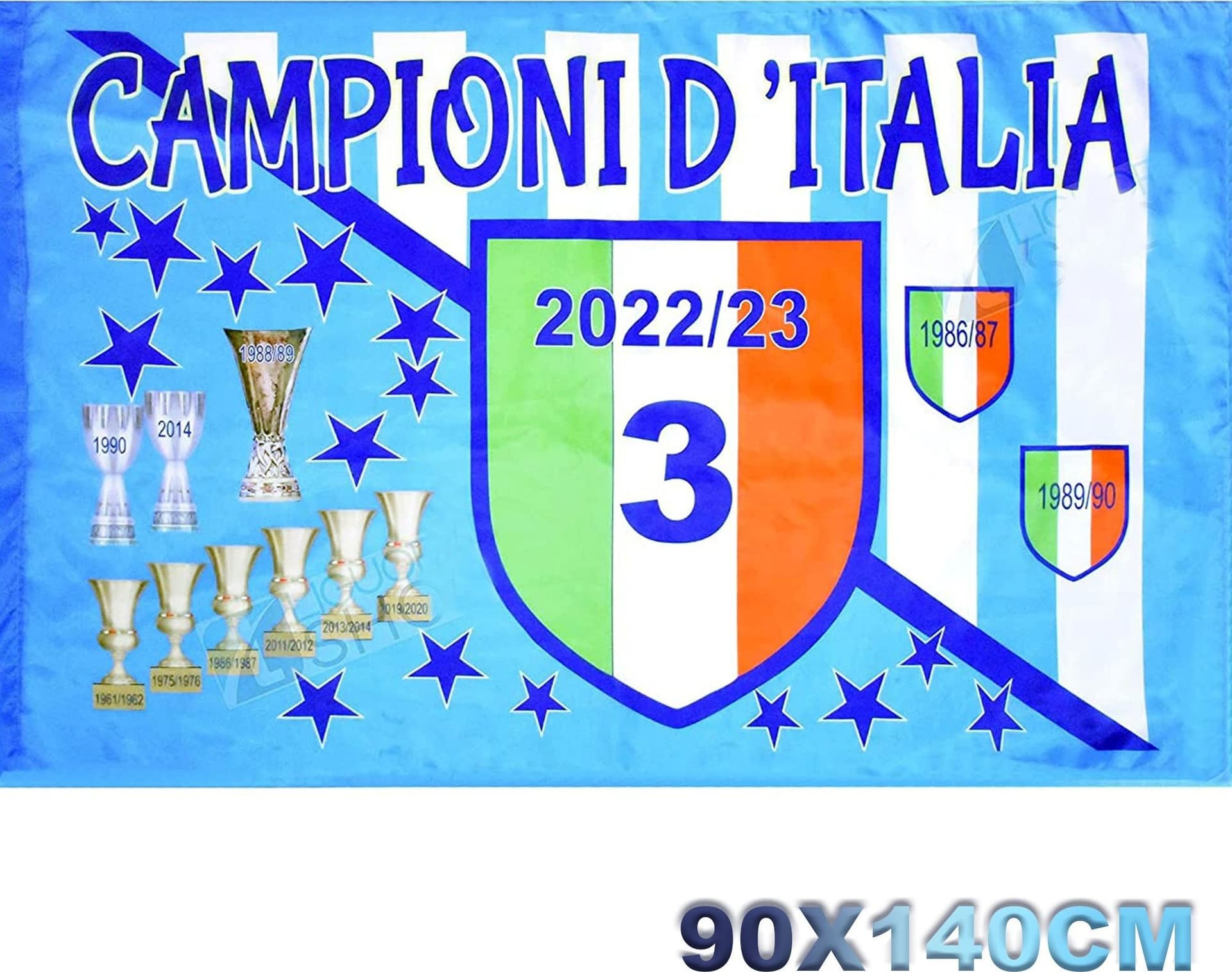 BANDIERA NAPOLI CAMPIONI D'ITALIA 2022/2023 FESTA 3 SCUDETTO COPPE 90x140CM - 2