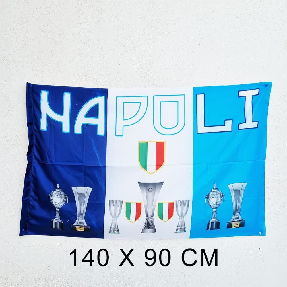 BANDIERA CON COPPE E TROFEI VINTI ITALIA SCUDETTO CALCIO SQUADRA NAPOLI 90x140CM - 2