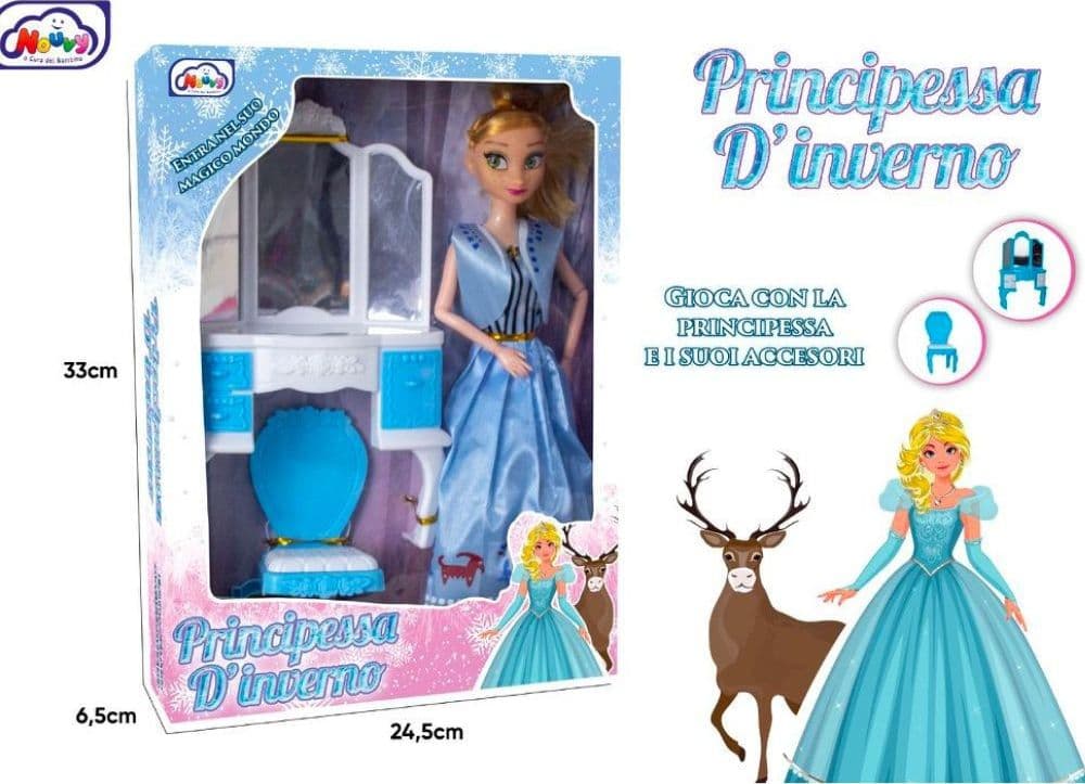 BAMBOLA PRINCIPESSA D'INVERNO MAGICO MONDO INCLUSI 2 ACCESSORI GIOCO PER BAMBINE