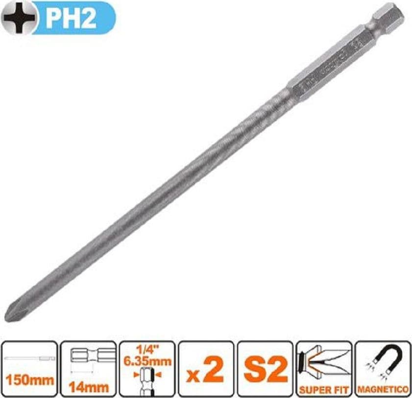 KIT 2PEZZI DI BITS DA 150MM GAMBO 1/4" 6.35MM S2 MAGNETICA CROCE TESTA PH2 57248 - 2