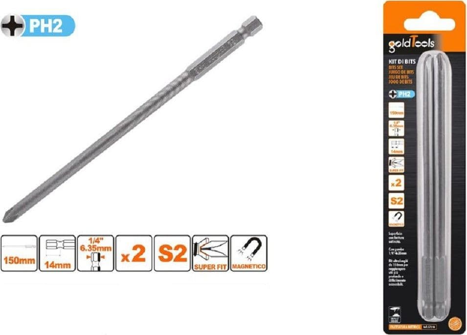 KIT 2PEZZI DI BITS DA 150MM GAMBO 1/4" 6.35MM S2 MAGNETICA CROCE TESTA PH2 57248 - 3