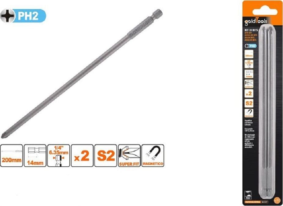 KIT 2PEZZI DI BITS DA 200MM GAMBO 1/4" 6.35MM S2 MAGNETICA CROCE TESTA PH2 57249 - 2