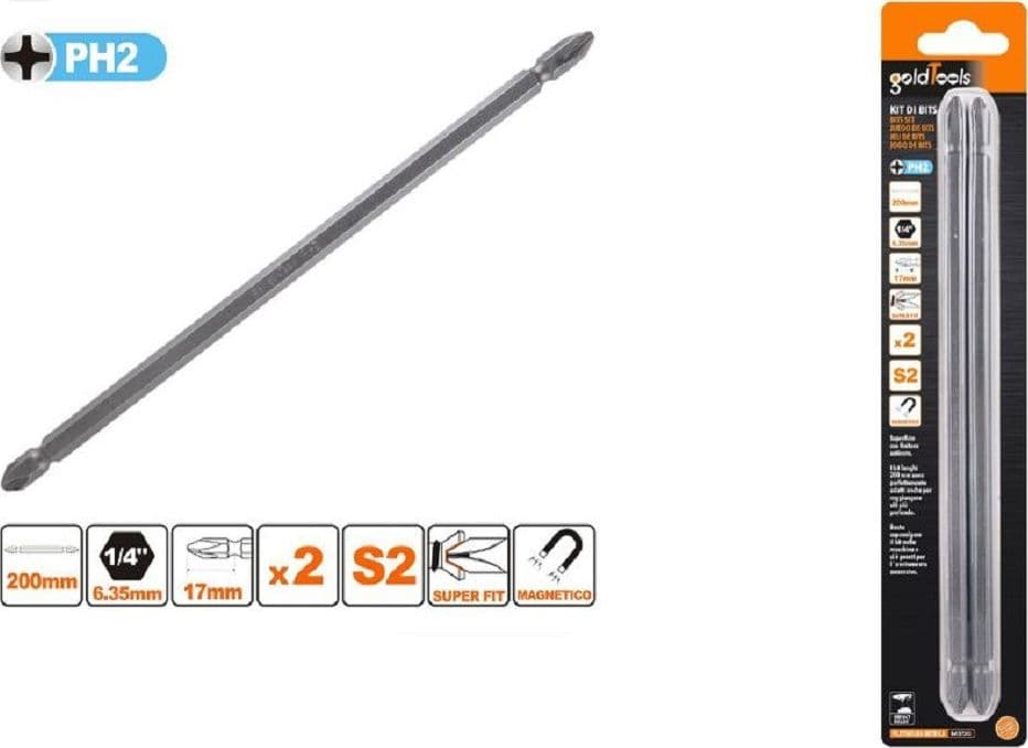 KIT 2 PEZZI DI BITS 200 MM A DOPPIA TESTA S2 PUNTE A CROCE MAGNETICA PH2 57243 - 2
