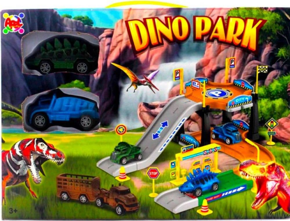 DINO PARK PARCHEGGIO TEMA MONDO DEI DINOSAURI CON ACCESSORI E DUE MACCHININE