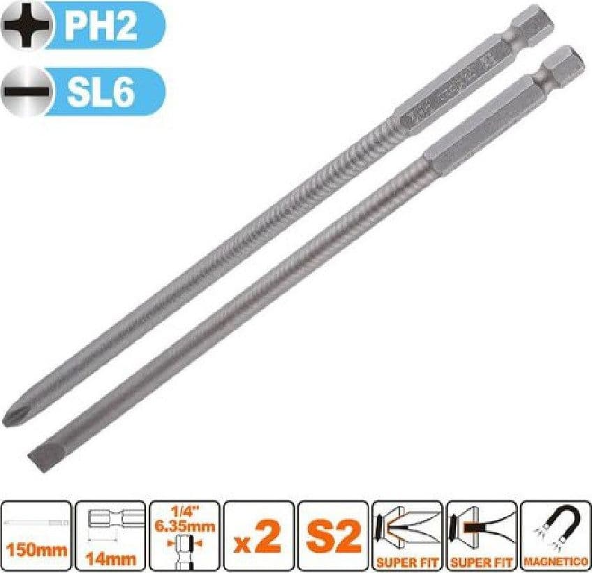 KIT 2 BITS 150MM GAMBO 1/4" 6.35MM PUNTA S2 MAGNETICA CROCE PH2 TAGLIO SL6 57251 - 2