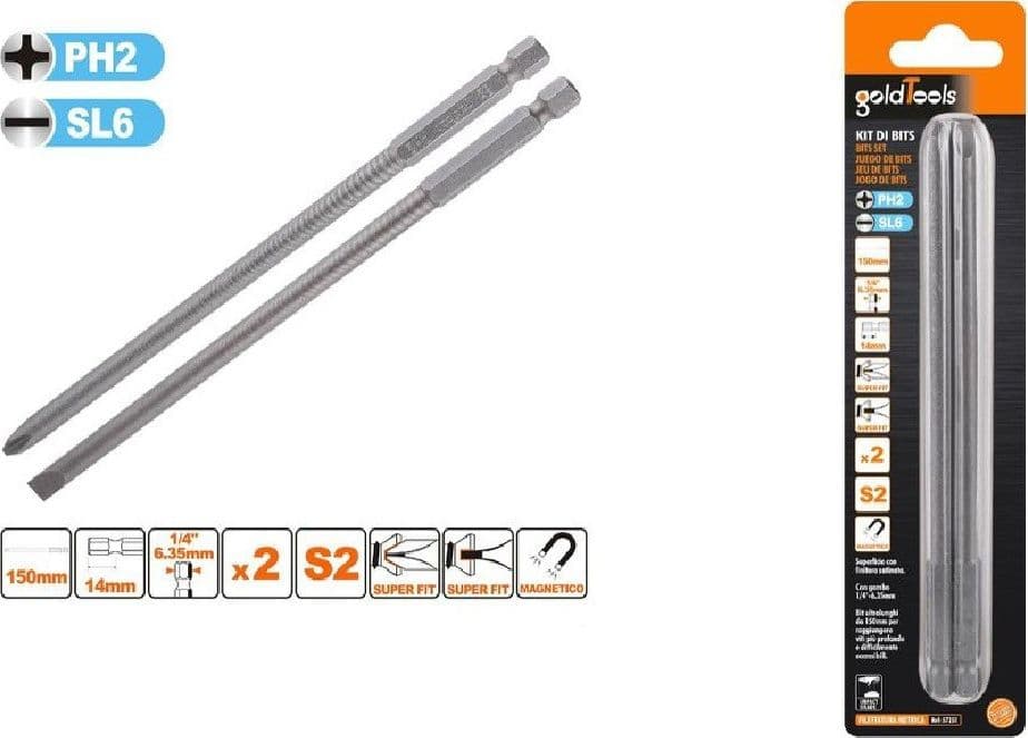 KIT 2 BITS 150MM GAMBO 1/4" 6.35MM PUNTA S2 MAGNETICA CROCE PH2 TAGLIO SL6 57251 - 3