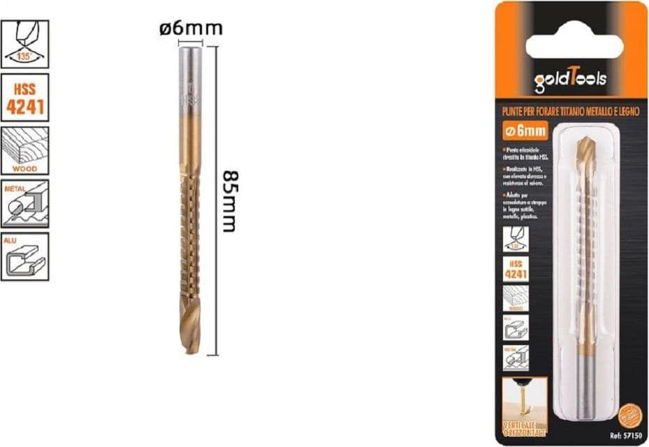 PUNTA TRAPANO ELICOIDALE Ø6MM X 85MM IN TITANIO HSS 4241 PER METALLO LEGNO 57150 - 2