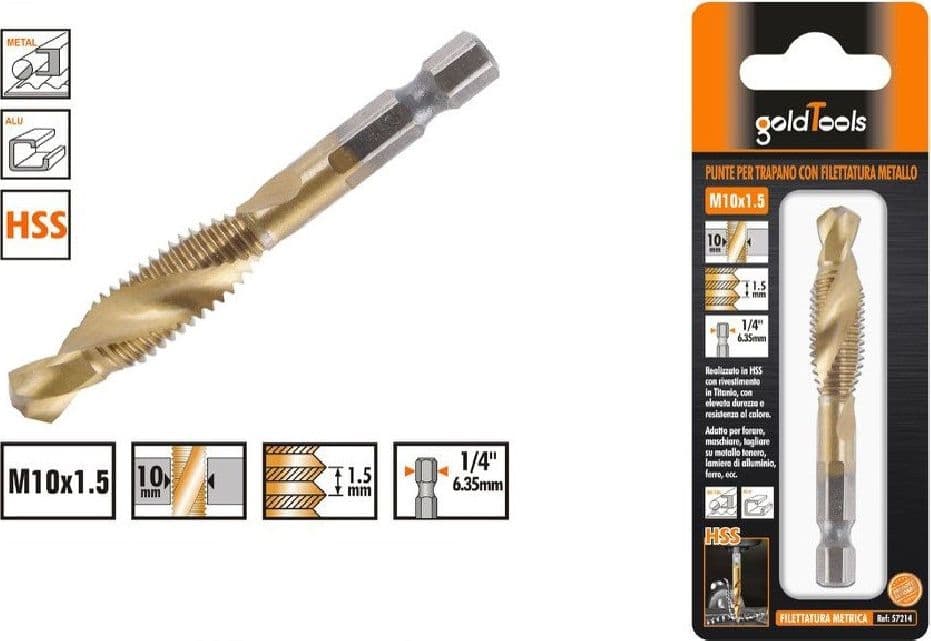 PUNTA PER TRAPANO M10X1.5MM IN TITANIO HSS CON FILETTATURA METRICA METALLO 57214 - 2