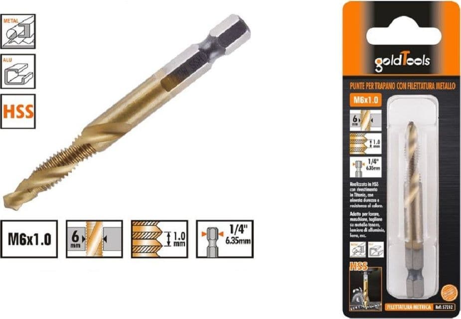 PUNTA PER TRAPANO M6X1.0 MM IN TITANIO HSS CON FILETTATURA METRICA METALLO 57212 - 2