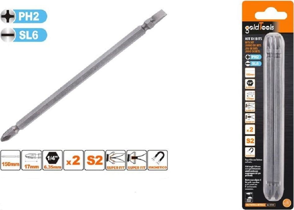 KIT 2PZ DI BITS DA 150MM PUNTE DOPPIE INSERTI PH2 + SL6 PUNTA S2 MAGNETICA 57245 - 2