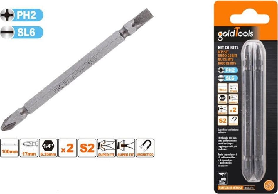 KIT 2PZ DI BITS DA 100MM PUNTE DOPPIE INSERTI PH2 + SL6 PUNTA S2 MAGNETICA 57244 - 2