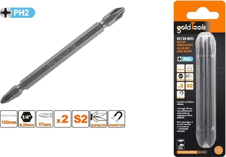 KIT 2 PEZZI DI BITS DA 100MM A DOPPIA TESTA S2 PUNTE A CROCE MAGNETICA PH2 57241 - 3