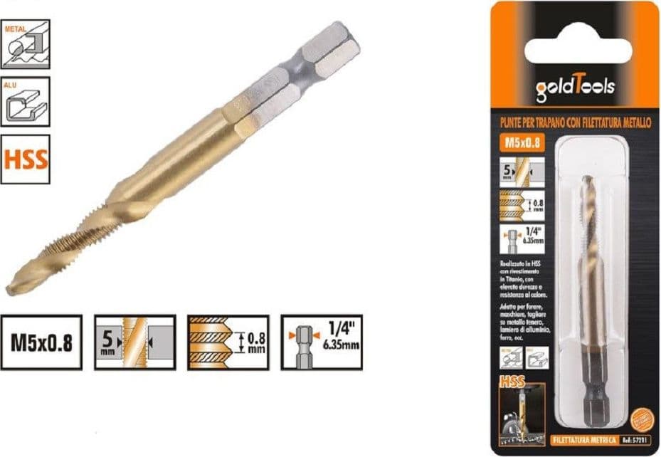 PUNTA PER TRAPANO M5X0.8MM IN TITANIO HSS CON FILETTATURA METRICA METALLO 57211 - 2