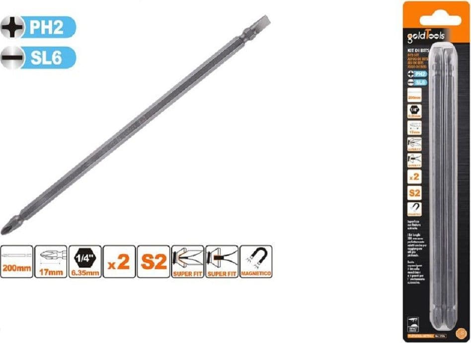 KIT 2PZ DI BITS DA 200MM PUNTE DOPPIE INSERTI PH2 + SL6 PUNTA S2 MAGNETICA 57246 - 2