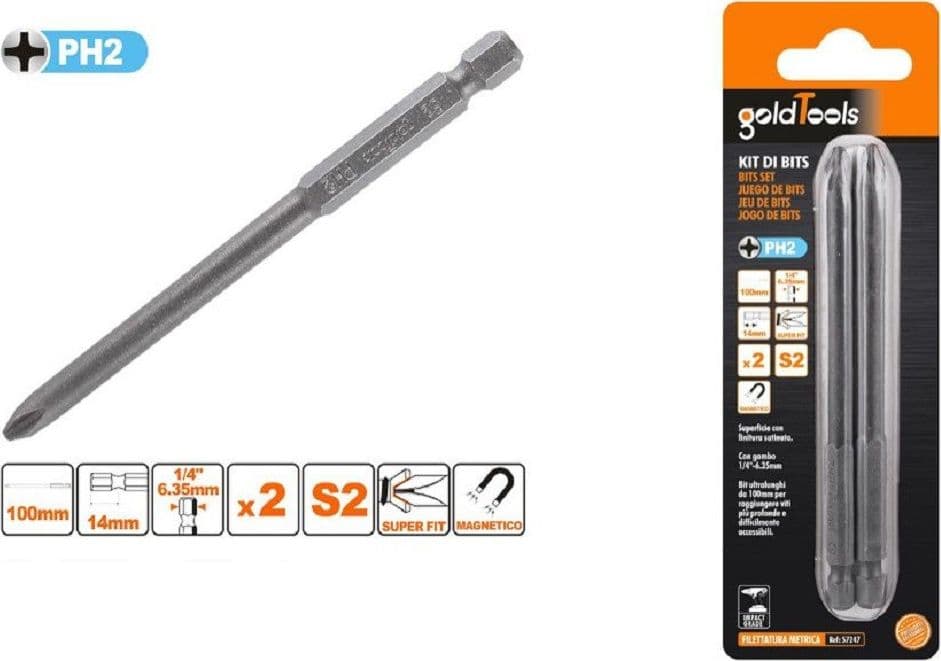 KIT 2PEZZI DI BITS DA 100MM GAMBO 1/4" 6.35MM S2 MAGNETICA CROCE TESTA PH2 57247 - 2