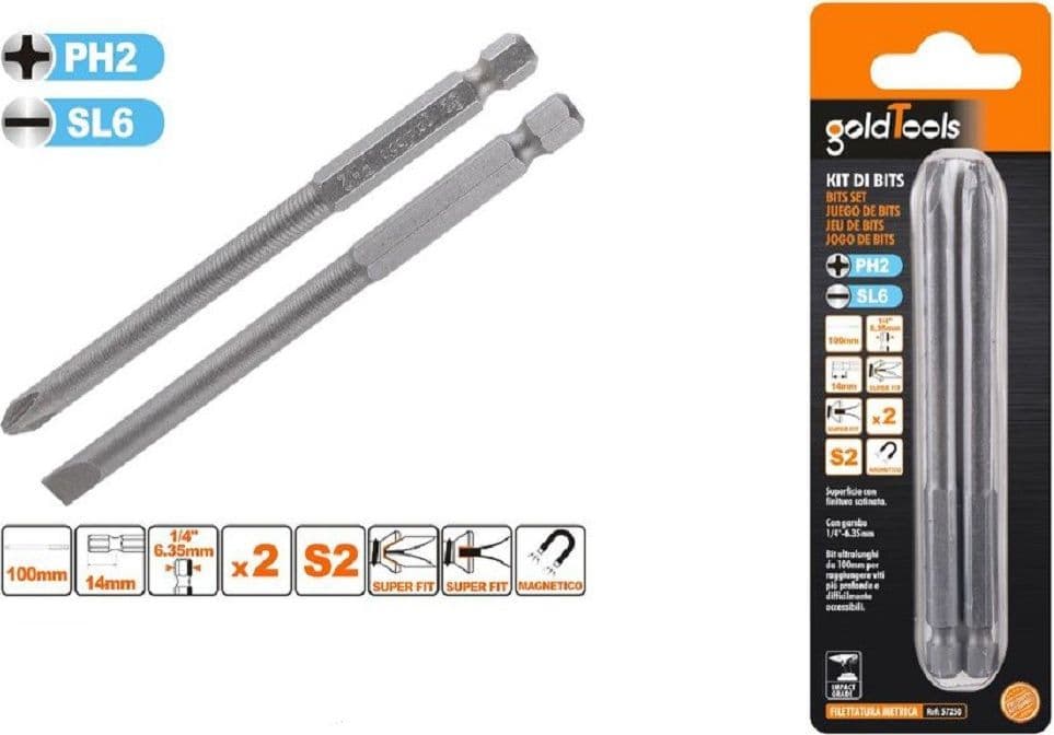 KIT 2 BITS 100MM GAMBO 1/4" 6.35MM PUNTA S2 MAGNETICA CROCE PH2 TAGLIO SL6 57250 - 2