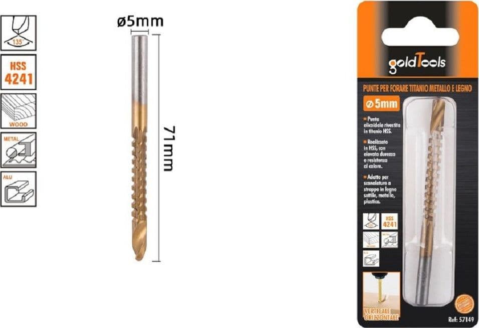 PUNTA TRAPANO ELICOIDALE Ø5MM X 71MM IN TITANIO HSS 4241 PER METALLO LEGNO 57149 - 2