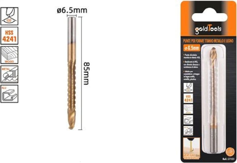 PUNTA TRAPANO ELICOIDALE Ø6.5MMX85MM IN TITANIO HSS 4241 PER METALLO LEGNO 57151 - 2