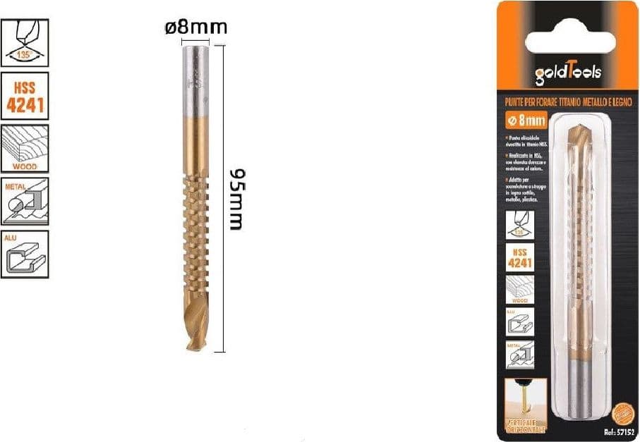 PUNTA TRAPANO ELICOIDALE Ø8MM X 95MM IN TITANIO HSS 4241 PER METALLO LEGNO 57152 - 2