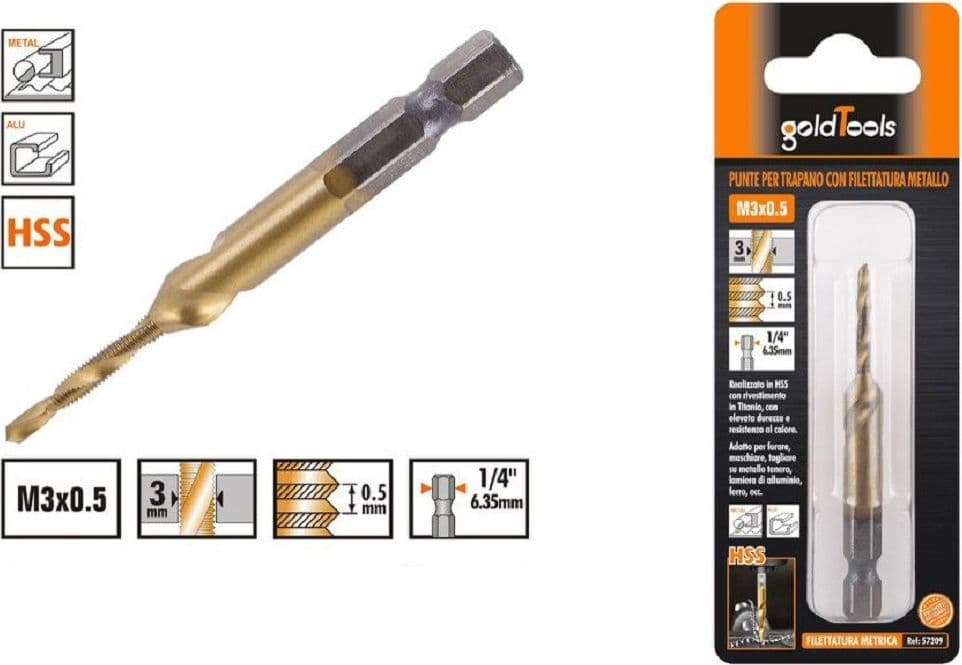 PUNTA PER TRAPANO M3X0.5MM IN TITANIO HSS CON FILETTATURA METRICA METALLO 57209 - 2