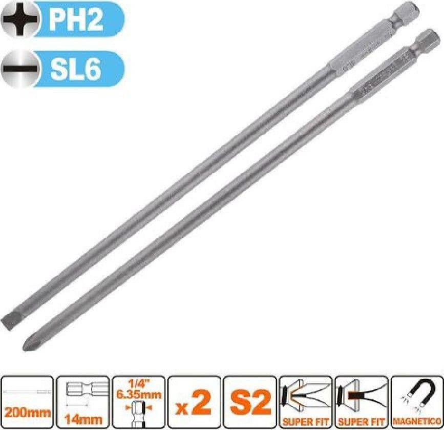 KIT 2 BITS 200MM GAMBO 1/4" 6.35MM PUNTA S2 MAGNETICA CROCE PH2 TAGLIO SL6 57252 - 2