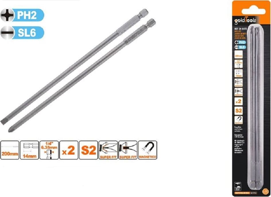 KIT 2 BITS 200MM GAMBO 1/4" 6.35MM PUNTA S2 MAGNETICA CROCE PH2 TAGLIO SL6 57252 - 3