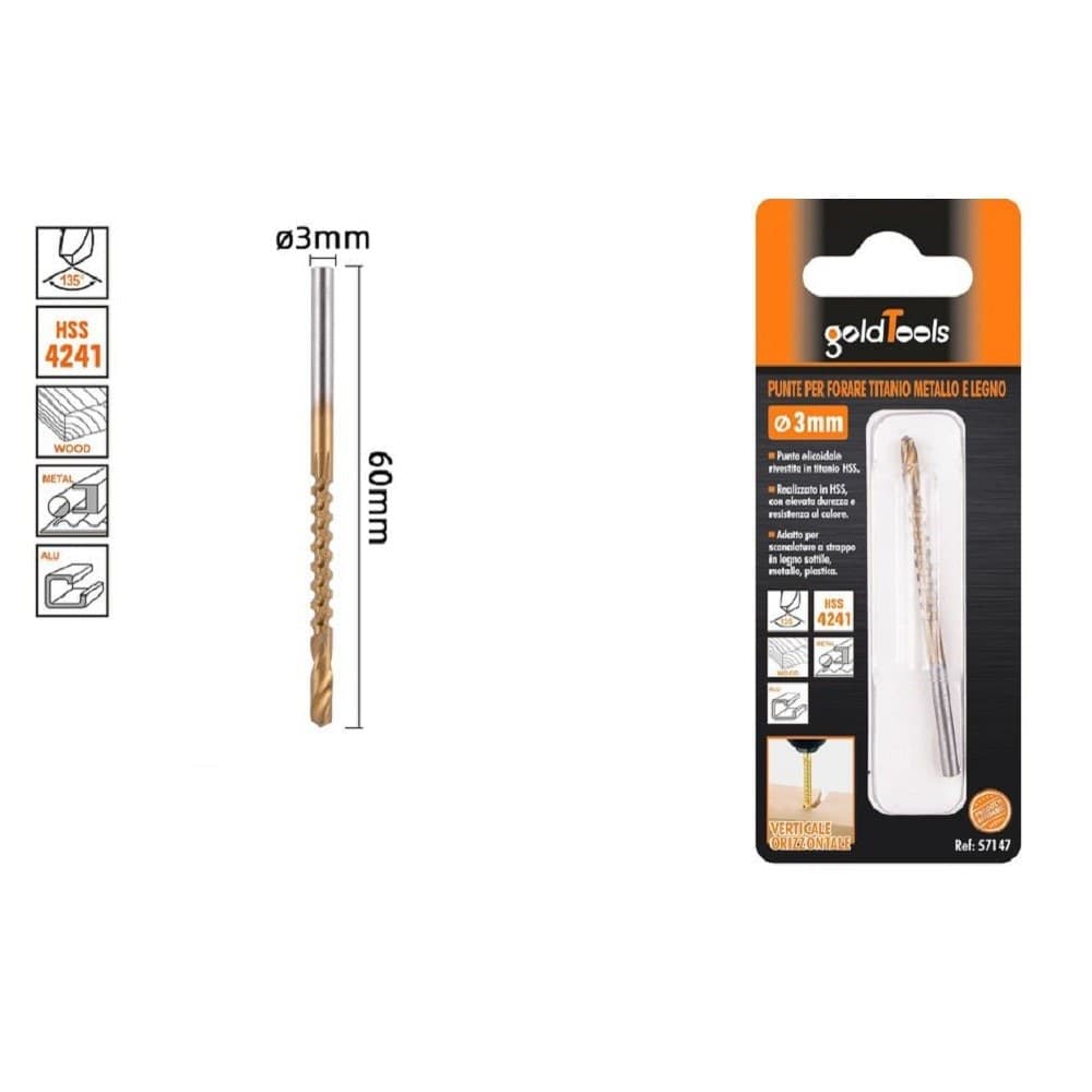 PUNTA TRAPANO ELICOIDALE Ø 3MMX60MM IN TITANIO HSS 4241 PER METALLO LEGNO 57147 - 2