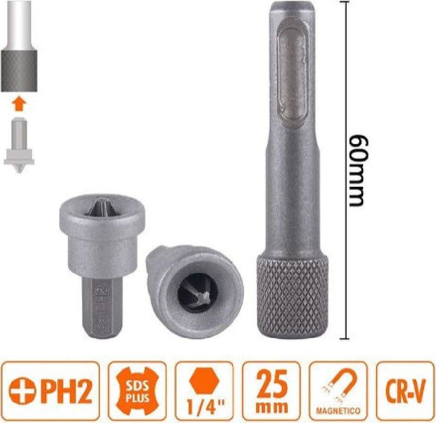 KIT DI BITS INSERTI PER AVVITATORE 2PZ DA 25MM PH2 + 1PZ DA 60MM MAGNETICO 57254 - 2