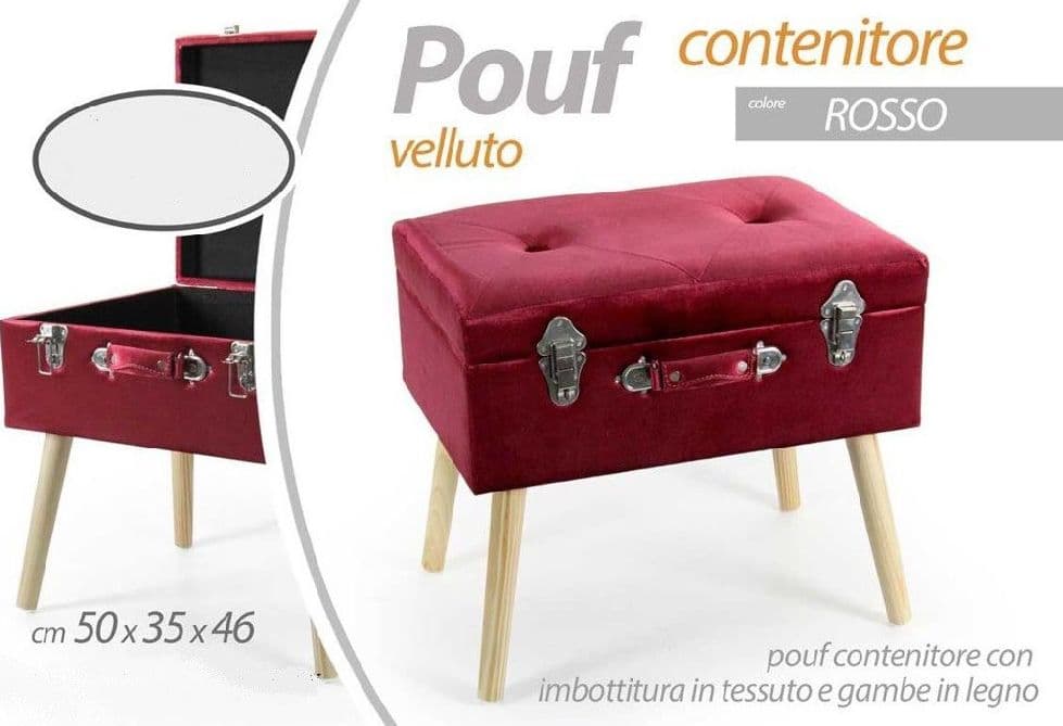 POUF POUFF CONTENITORE H46X50X35CM TESSUTO ROSSO IMBOTTITO PIEDI IN LEGNO 756795 - 2