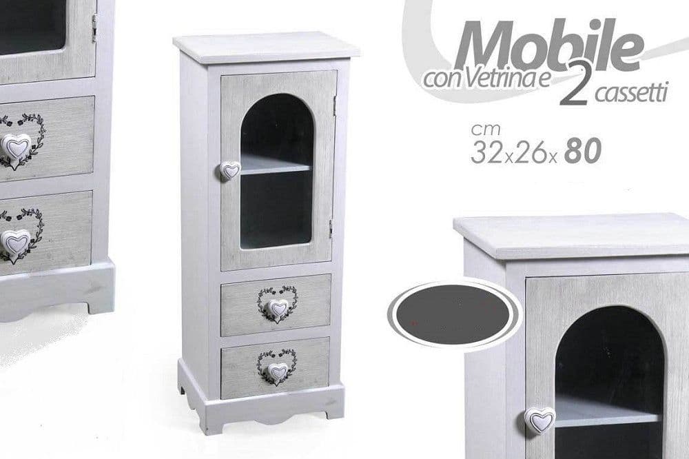 MOBILE CON VETRINA CUORE ANTA 2 CASSETTI IN LEGNO SHABBY CHIC 80X32X26CM 662218 - 2
