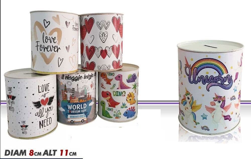 SET 2 PEZZI SALVADANAIO LATTA MINI MONETE BANCONOTE APERTURA DISEGNI MISTI 11 CM - 2