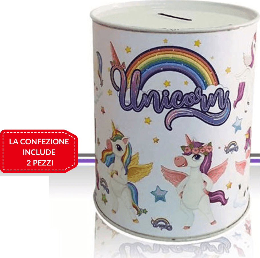 SET 2 PEZZI SALVADANAIO LATTA MINI MONETE BANCONOTE APERTURA DISEGNI MISTI 13 CM
