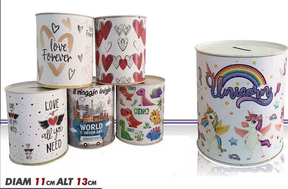 SET 2 PEZZI SALVADANAIO LATTA MINI MONETE BANCONOTE APERTURA DISEGNI MISTI 13 CM - 2