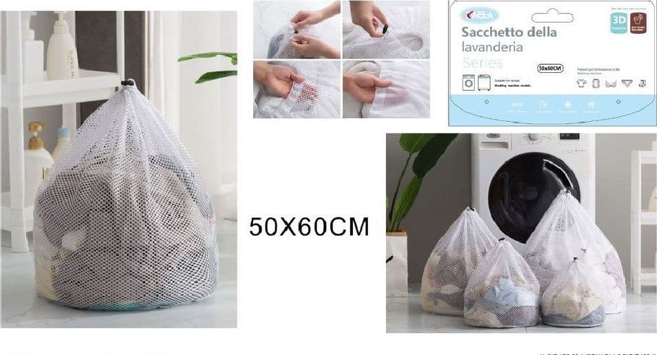 SACCHETTO LAVANDERIA BUCATO BORSA A RETE BIANCHERIA 50X60 CM CON COULISSE 58140 - 2
