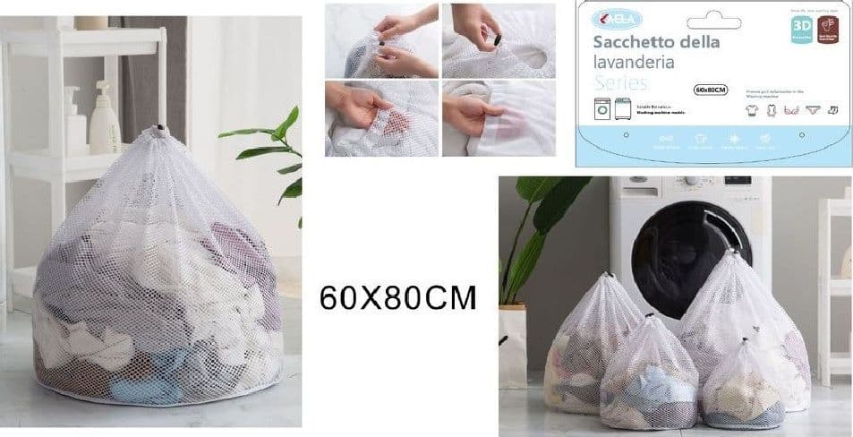 SACCHETTO LAVANDERIA BUCATO BORSA A RETE BIANCHERIA 60 X 80CM CON COULISSE 58141 - 2