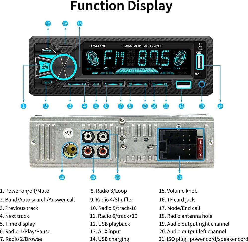 AUTORADIO BLUETOOTH 5.1 VIVAVOCE 1 DIN AUX MP3 2 USB AM FM DISPLAY LCD 1801 24V - 8