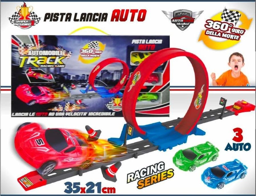 PISTA LANCIA AUTO MONTAGNE RUSSE 3 MACCHININE GIOCATTOLO PER BAMBINI 35X21 CM - 2
