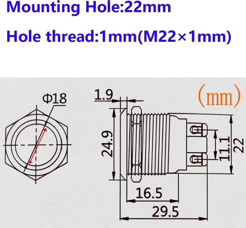 INTERRUTTORE A PULSANTE 22MM AUTOBLOCCANTE TERMINALI A VITE ACCIAIO TESTA PIATTA - 5