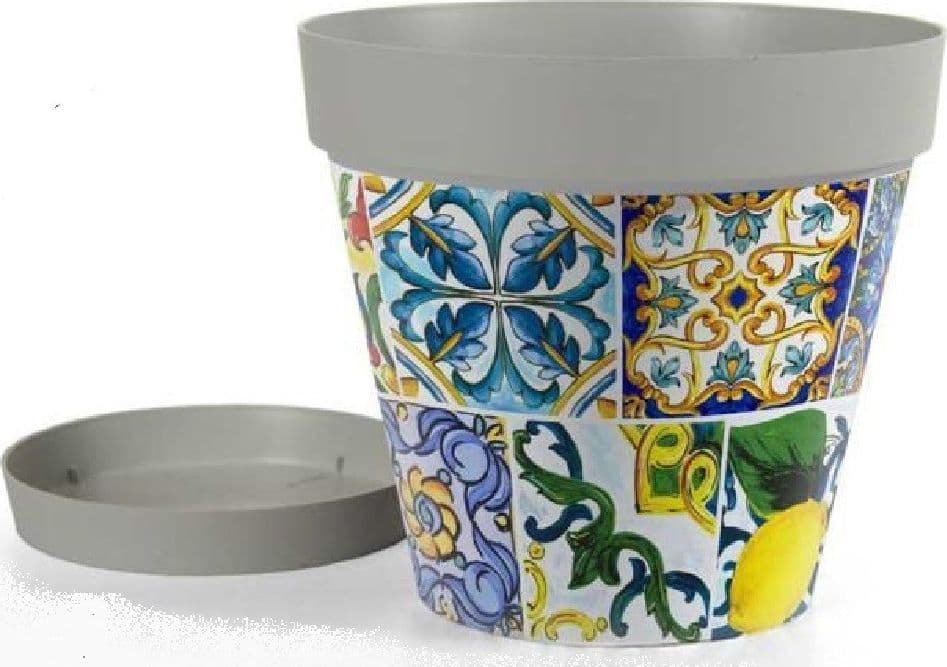 VASO CON SOTTOVASO GIARDINO IN PLASTICA DECORO MEDÌ 22X20CM FIORI PIANTE 845406 - 2