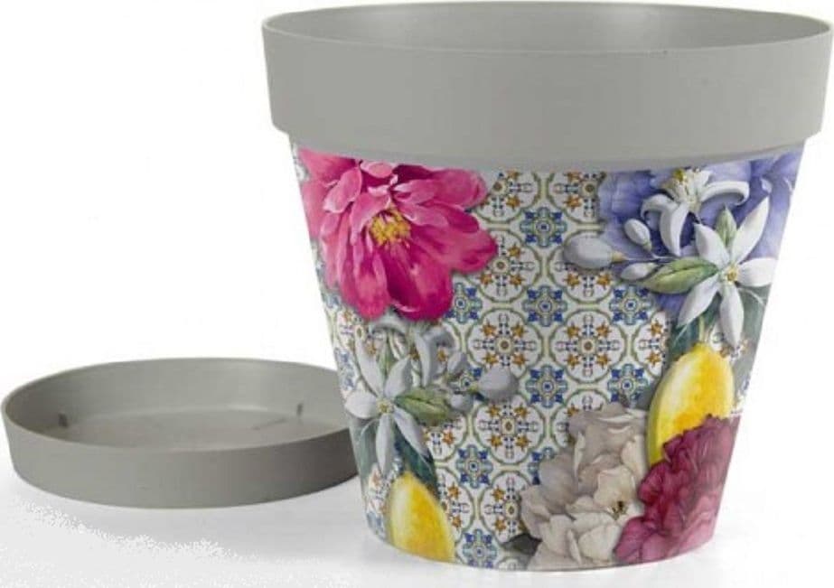 VASO GIARDINO CON SOTTOVASO IN PLASTICA DECORO ISOLA 32X29CM PIANTE FIORI 845383 - 2