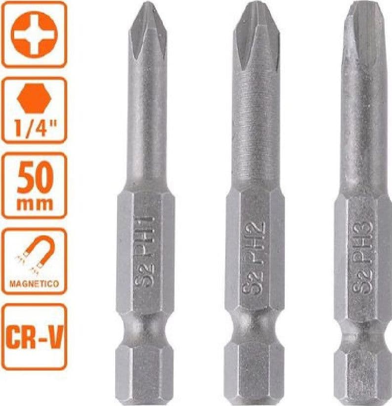 KIT DI BITS 3PZ BIT INSERTI PER AVVITATORE 50MM PH1/2/3 GAMBO 1/4"-6.35MM 57255 - 2
