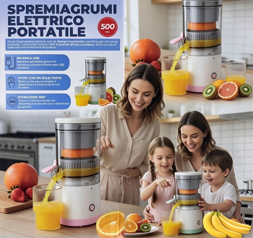 SPREMIAGRUMI AUTOMATICO PORTATILE RICARICABILE USB ESTRATTORE FRUTTA FRESCA 45W - 7