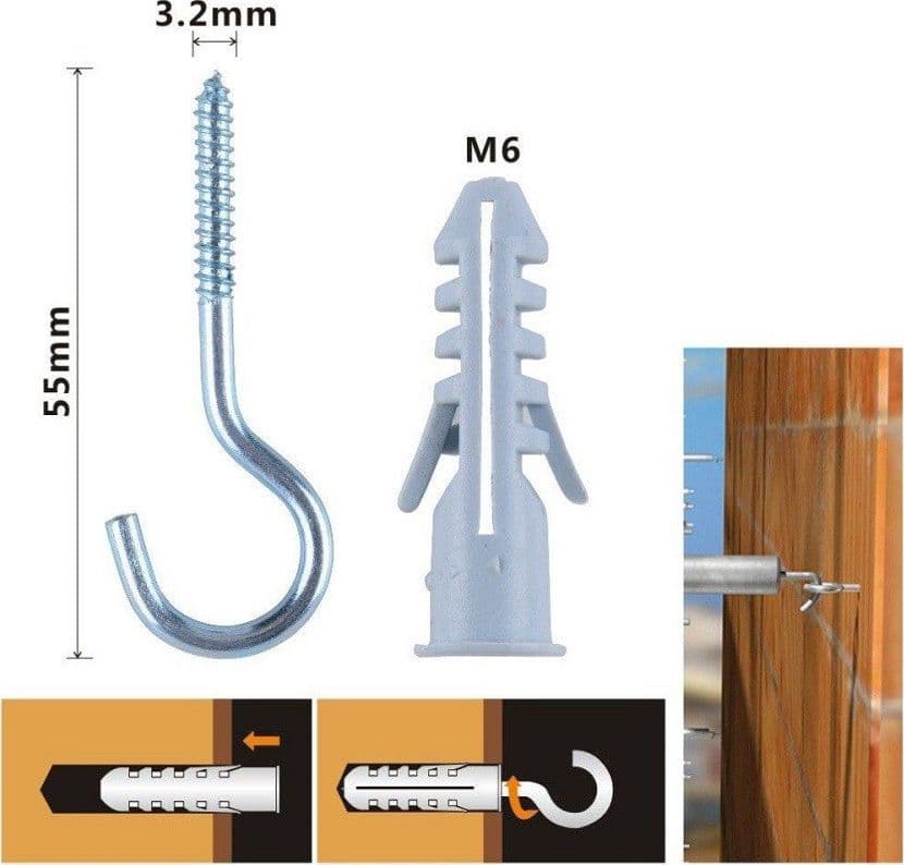 SET 8 PEZZI VITI VITE A GANCIO 3.2X55 MM + TASSELLI CON ALETTE TASSELLO M6 90738 - 2