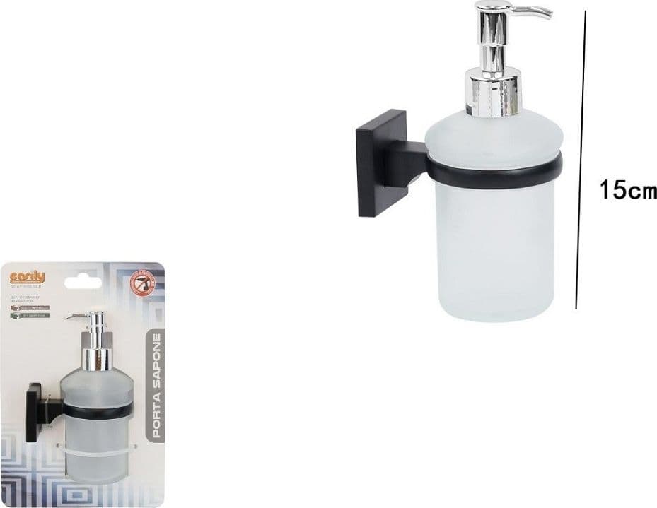 DISPENSER DOSATORE EROGATORE SAPONE DA MURO PARETE NERO IN ACCIAIO VETRO BAGNO - 3