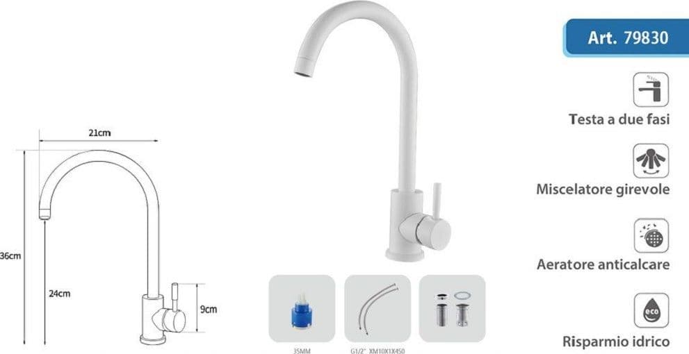 RUBINETTO PER LAVELLO CUCINA A CANNA ALTA BIANCO MISCELATORE PER LAVANDINO 79830 - 2