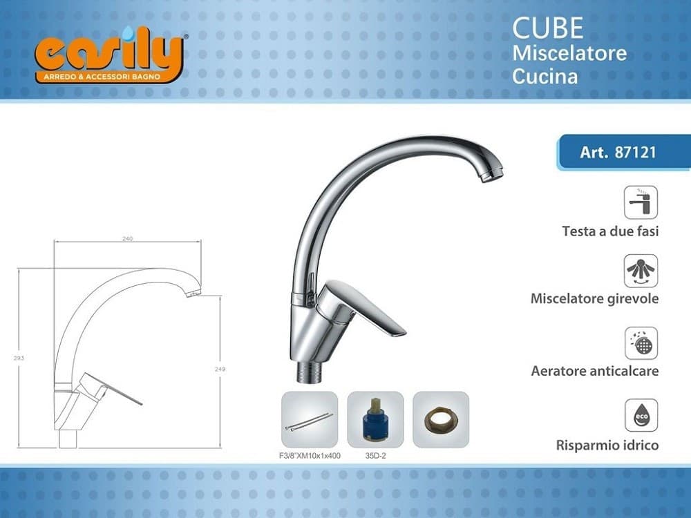 RUBINETTO PER CUCINA MISCELATORE ORIENTABILE PER LAVELLO MONOCOMANDO CUBE 87121 - 2