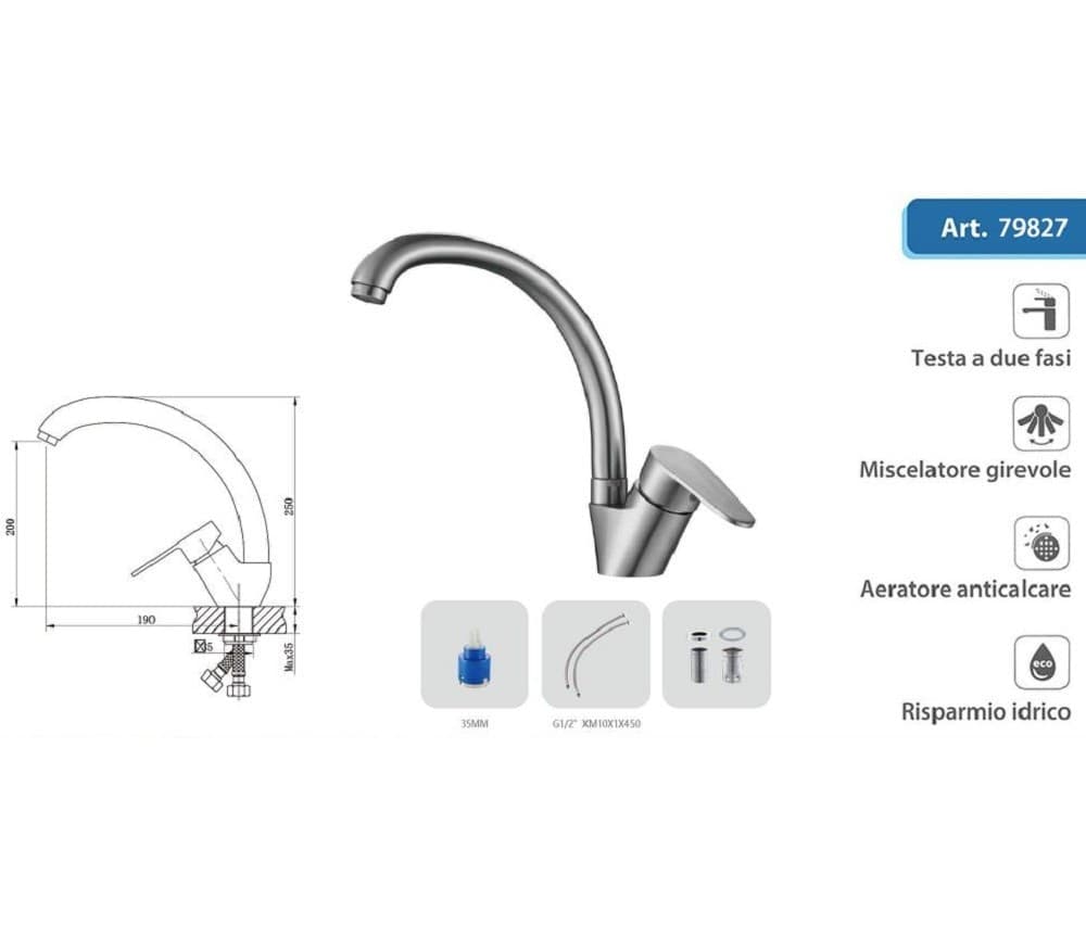 RUBINETTO CUCINA LAVELLO MONOFORO MISCELATORE ORIENTABILE CROMATO SATINATO 79827 - 5